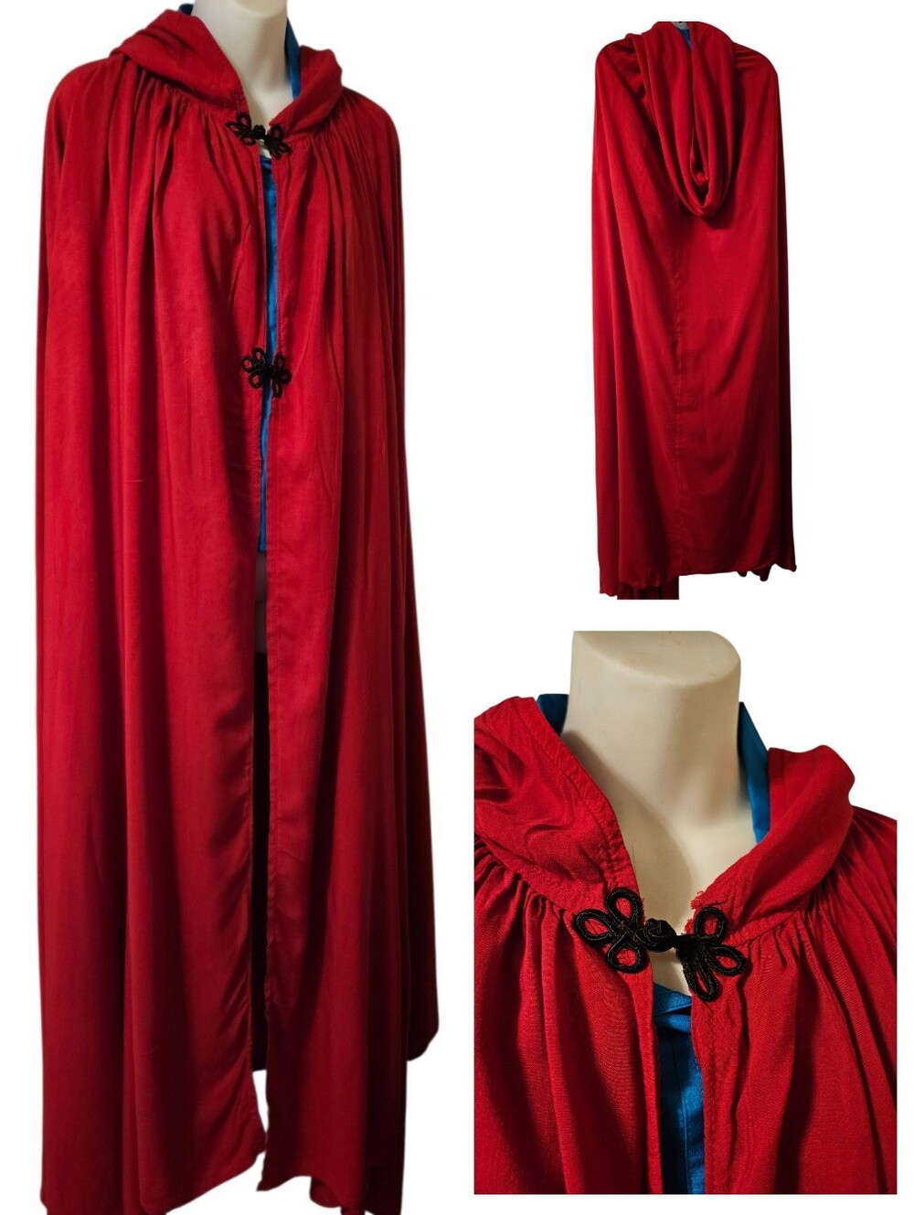 Red hooded cape black cord frogs / Chinese-style knot/toggle closures - Picture 1 of 5